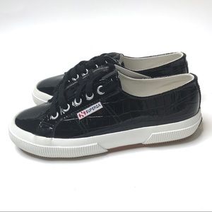 Superga 2750 Black Croc Embossed Leather Sneakers